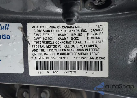 2016 Honda Civic Lx из США, поврежденный, VIN 2HGFC2F55GH509931